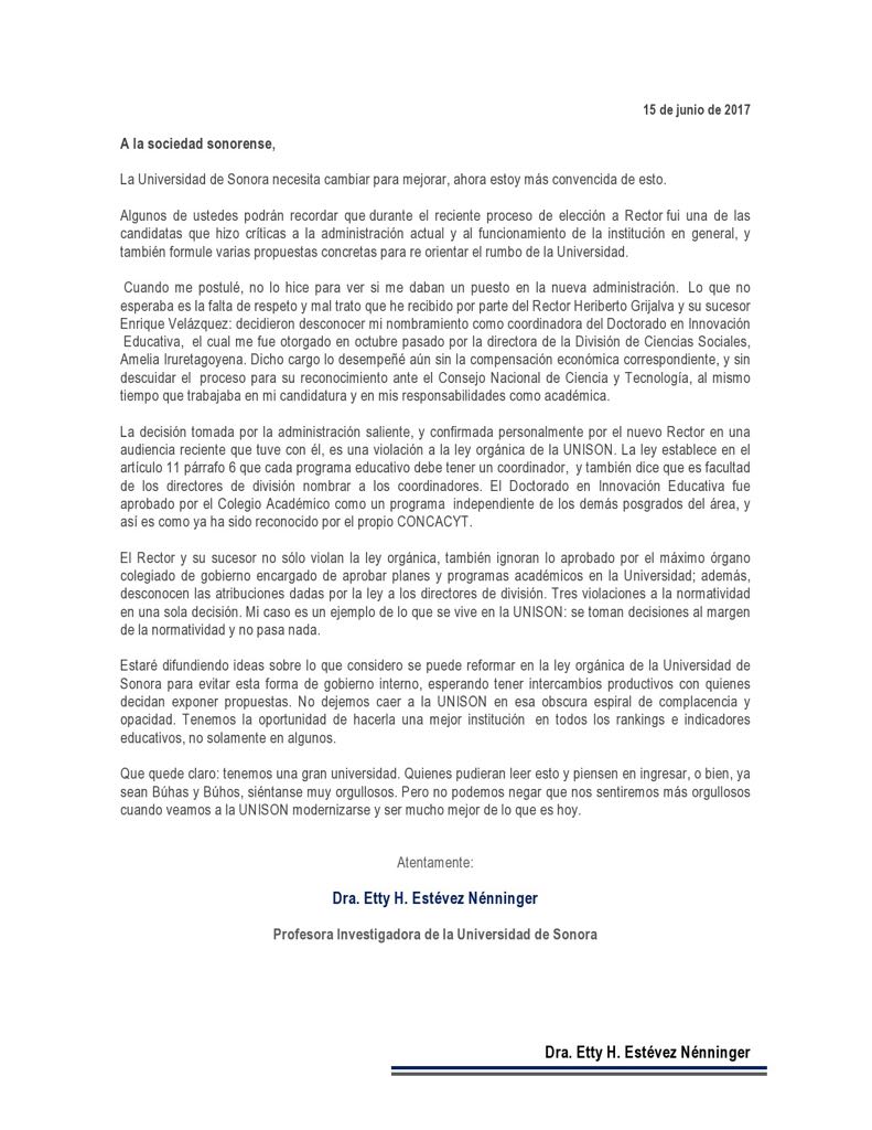 Carta difundida por Etty Estévez, donde manifiesta su descontento luego de que las autoridades universitarias la desconocieran como coordinadora del Doctorado en Innovación Educativa.