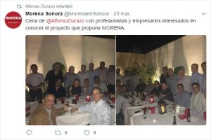 En su cuenta de Twitter, el dirigente de Morena, Alfonso Durazo presumió de una reunión informativa sobre proyecto de López Obrador donde también estuvo González Morillas. 