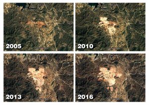 Los pobladores fueron desplazados para la instalación de una mina ubicada bajo de la presa Mocuzari. Las imágenes satelitales captadas por Google, muestran la deforestación en lapso de 11 años.
