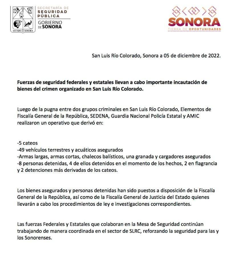 Comunicado de la Secretaría de Seguridad Publica