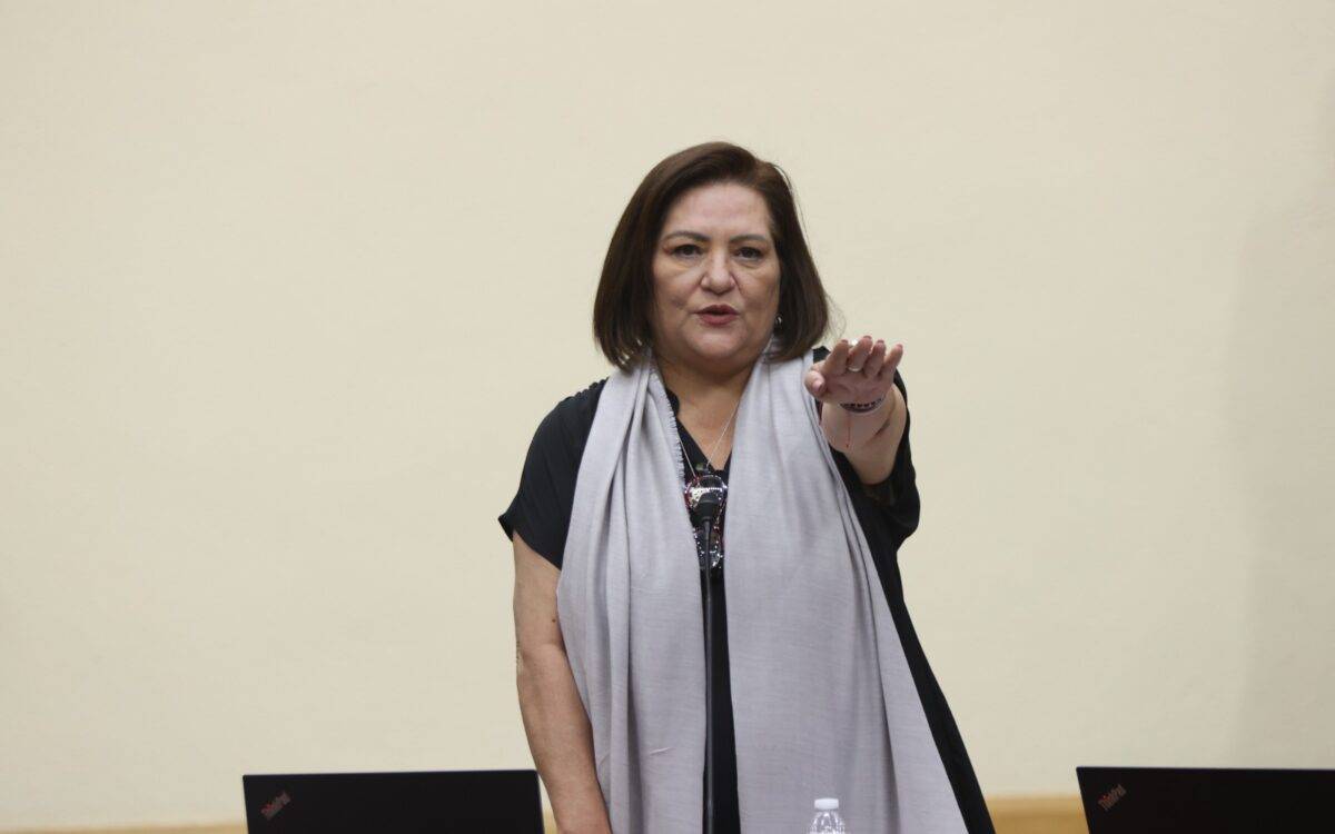 Guadalupe Taddei, levantó su brazo izquierdo para tomar protesta como presidenta del INE.