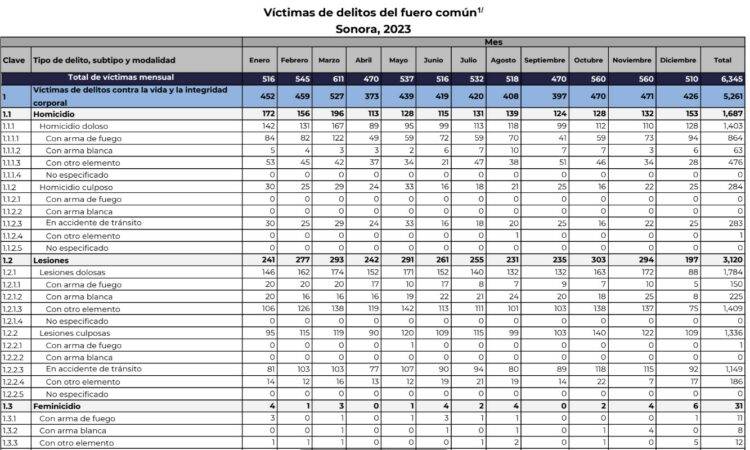 Oficialmente el estado de Sonora cerró con un total de mil 403 víctimas de homicidios dolosos, colocándolo en el noveno lugar con más personas asesinadas